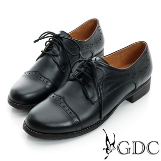 GDC 牛津紳士繫帶真皮低跟鞋 黑色