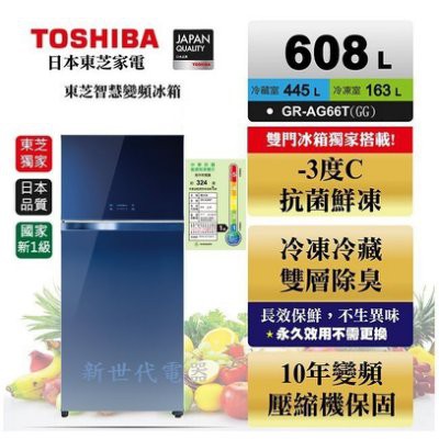 **新世代電器**TOSHIBA東芝 608公升-3℃抗菌鮮凍雙門變頻冰箱 GR-AG66T(GG)