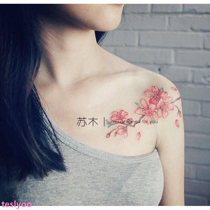 Tesの鎖骨花臂紋身貼彩色梅花紋身貼防水女彩色花藤創意花臂模擬刺青 蝦皮購物