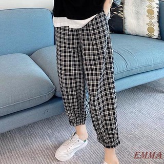 EMMA大尺碼 休閒長褲 寬腿褲 大碼200斤女裝胖妹妹 新款春夏秋可選遮肉格子寬松 闊腿束腳九分褲