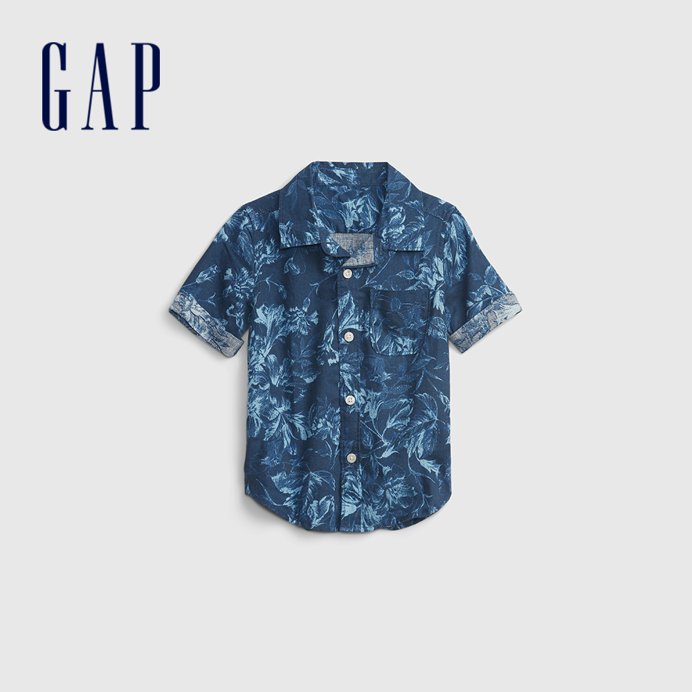 Gap 男幼童裝 亞麻混紡輕薄短袖襯衫-深藍花紋(681437)