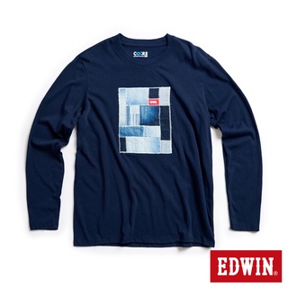 EDWIN 男款 再生系列 牛仔拼接LOGO長袖T恤(丈青色)