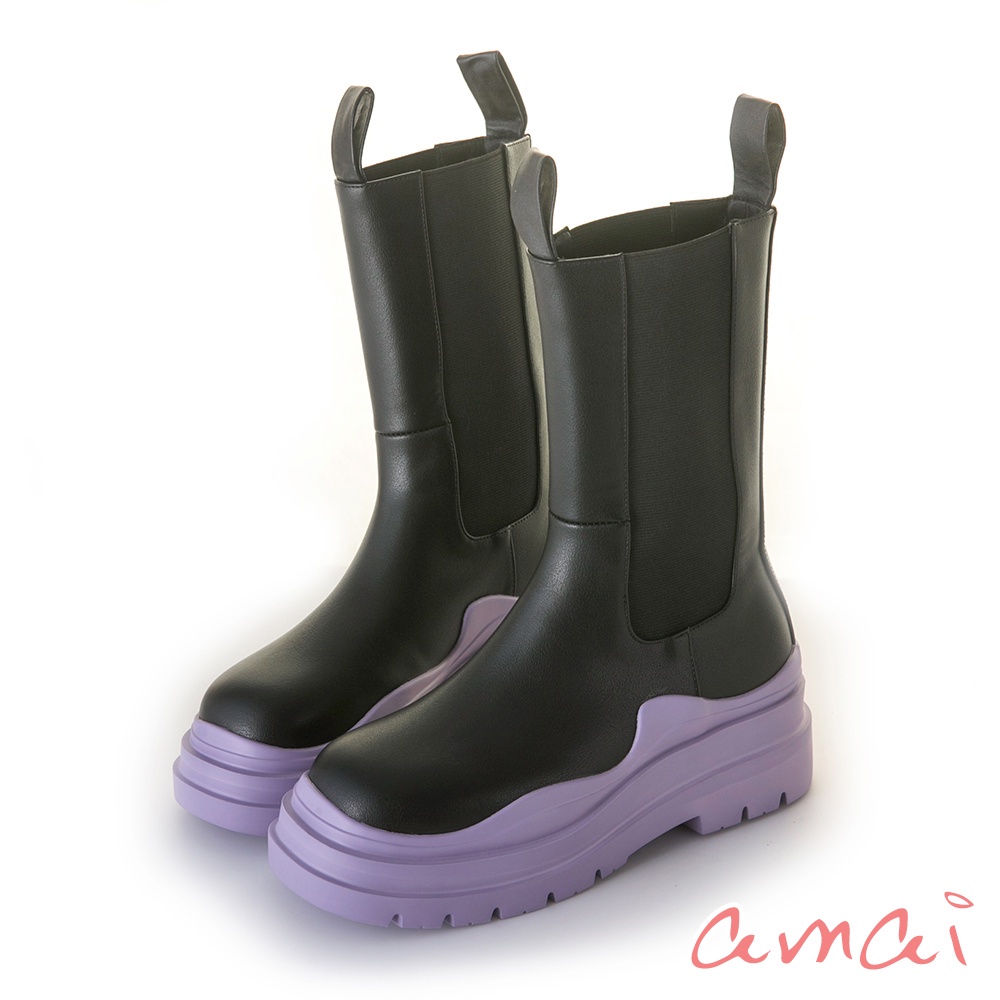 amai 撞色厚底切爾西靴 雨靴 低筒 香芋巧克力 紫色 黑色 WB99BL