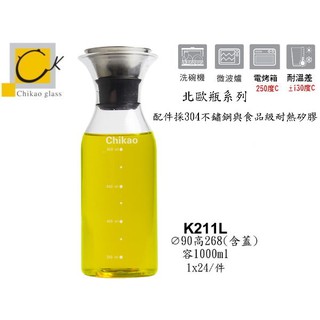 Chikao 北歐瓶 1000ml 玻璃瓶 飲料杯 水瓶 果汁瓶 餐廳用水瓶 金益合玻璃器皿