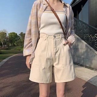 五分褲女寬鬆 2021春夏韓版直筒港味A字短褲 高腰闊腿牛仔中褲潮