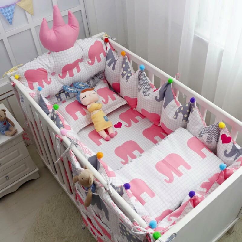 立體粉紅皇冠大象純棉嬰幼童床圍組