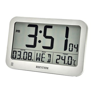 RHYTHM CLOCK 麗聲仿鋁框液晶數位日曆.星期.溫度.四組鬧鐘座掛鐘 型號：LCT084NR19【神梭鐘錶】