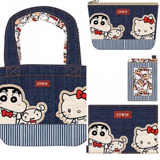 日本最新款 EDWIN×蠟筆小新&kitty 牛仔聯名款 證件套 手提袋