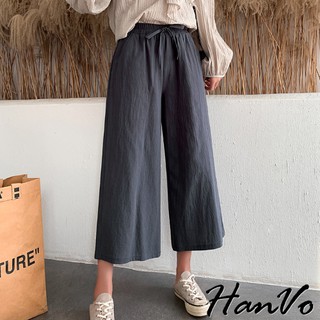 【HanVo】超修飾腿型 棉麻綁繩休閒寬褲 顯瘦寬鬆長褲休閒褲八分褲 韓國韓系女裝 女生衣著 A04-2554
