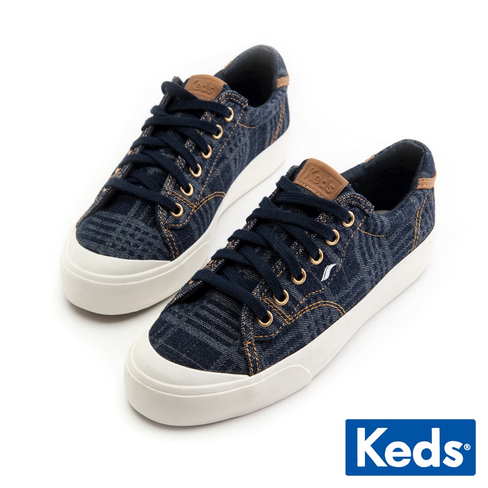 【Keds】CREW KICK 個性皮標單寧車縫休閒鞋-深藍 (9223W123442)