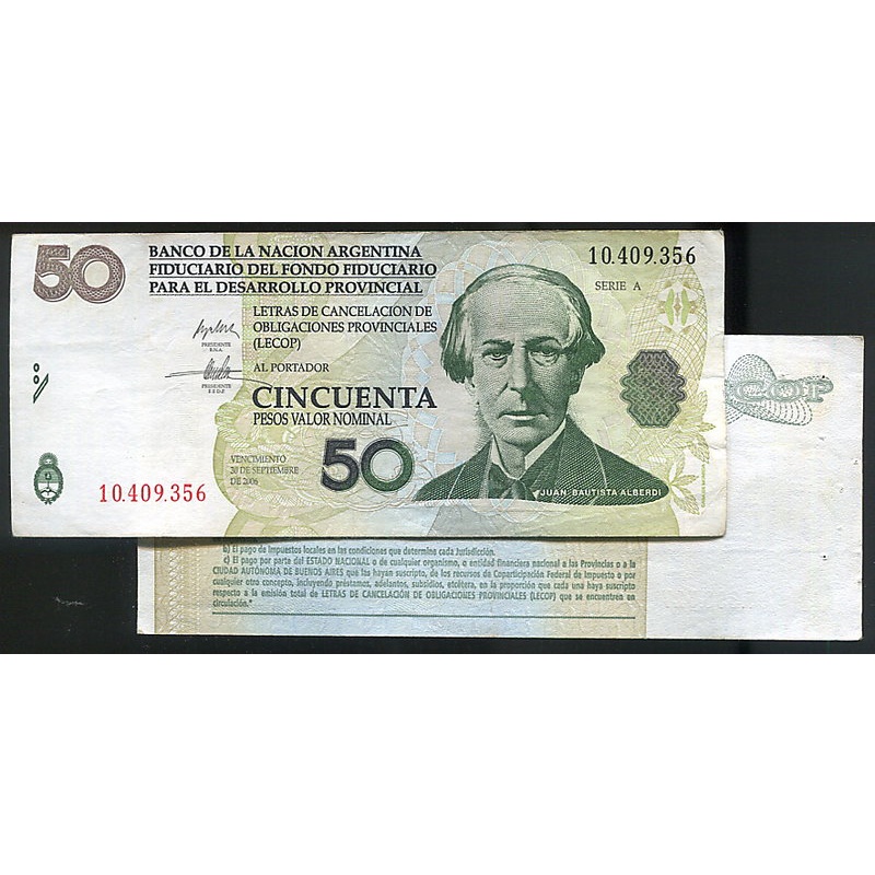 【紙鈔】ARGENTINA (阿根廷紙幣)，EM4，50 PESO，2006，品相美上VF+