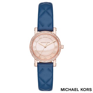 MICHAEL KORS 玫瑰金水鑽珍珠貝羅馬字時標藍色皮帶女錶 28mm MK2696 公司貨保固2年