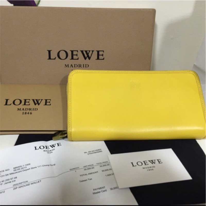 二手Loewe羊皮招財黃色輕量化長夾鎖頭長夾