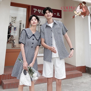 【COUPLE】🔥台灣現貨🔥❤情侶裝❤夏季女格子娃娃領短款連衣裙男短袖襯衫上衣