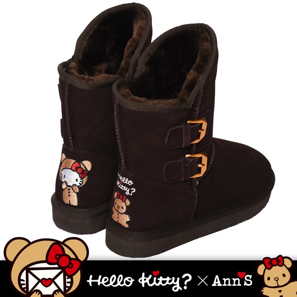 HELLO KITTY X Ann’S棕色熊熊側面雙扣2穿彩色刺繡真皮雪靴-深棕