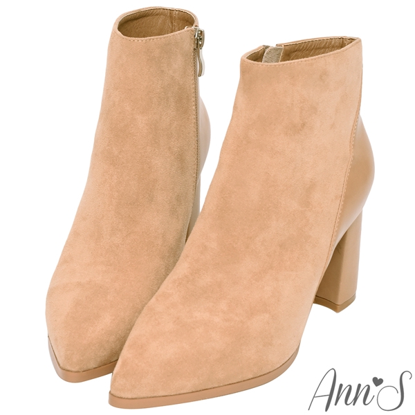 Ann’S俐落節奏-異材質拼接高跟尖頭短靴7.5cm-杏(版型偏小)