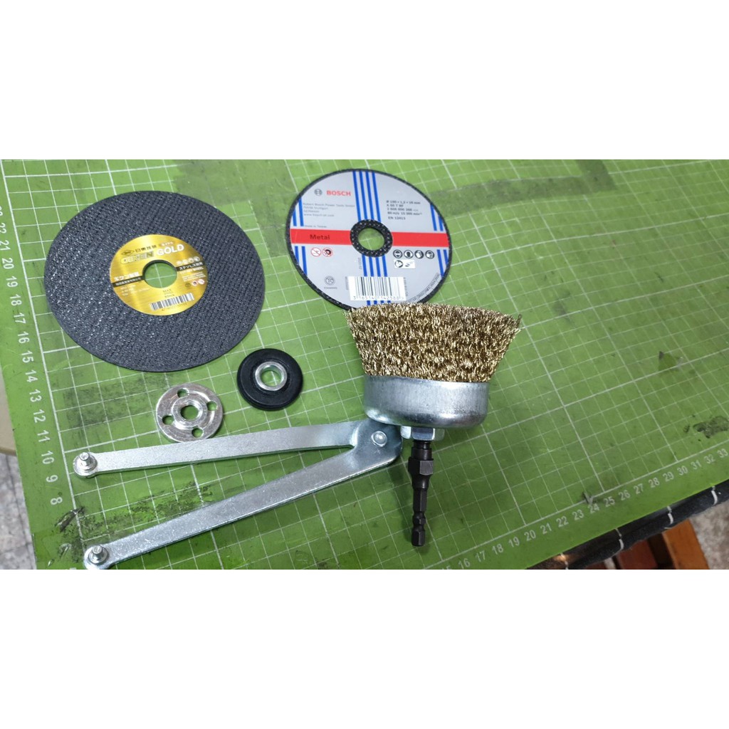 S5.8 plus專利型六角頭電鑽轉接桿-包膠法蘭+螺母+扳手+鋼刷+技研切斷砂輪片BOSCH 切斷砂輪片切金屬用