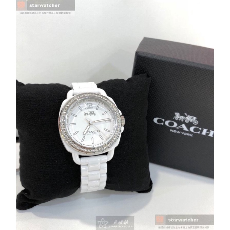 COACH手錶,編號CH00069,34mm白圓形陶瓷錶殼,白色簡約, 時分秒中三針顯示, 鑽圈錶面,白陶瓷錶帶款