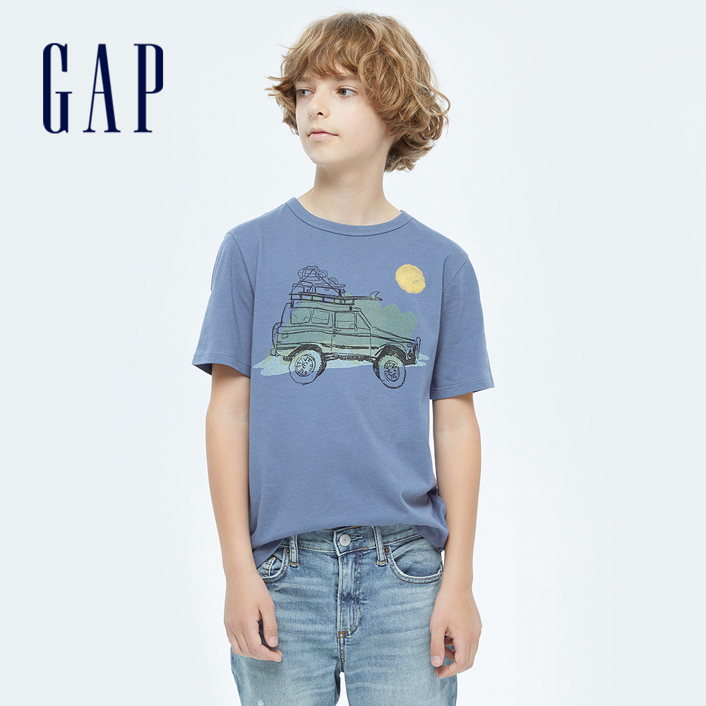 Gap 男童裝 純棉童趣印花短袖T恤-灰藍色(733839)