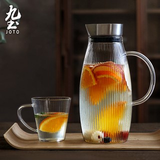 九土手工吹製豎條紋玻璃水壺日式玻璃壺冷水壺大容量果汁壺夏季居家壺耐高溫水壺1公升玻璃壺耐熱玻璃水壺透明茶壺CHR0624