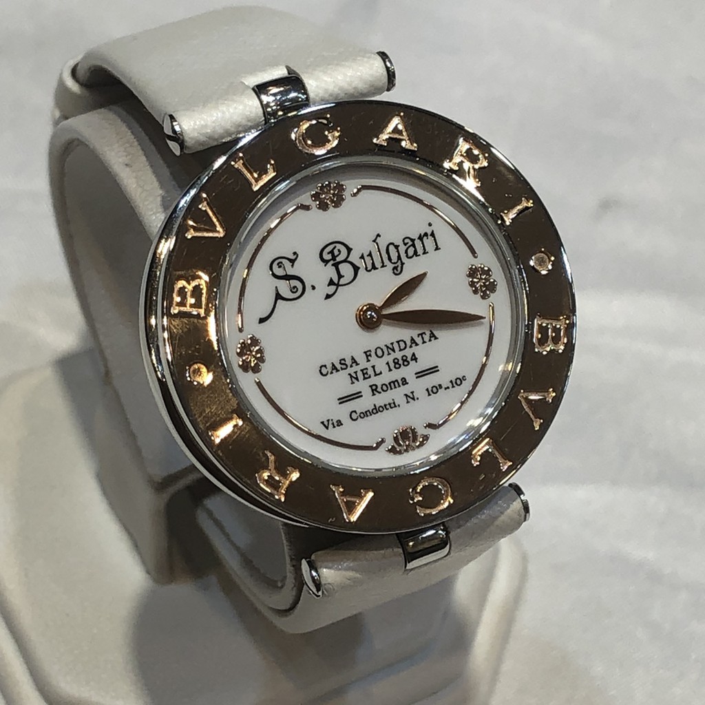 BVLGARI- b zero1白面造型字樣圓框兩針白色錶帶石英錶18K-bzP30S.D2980
