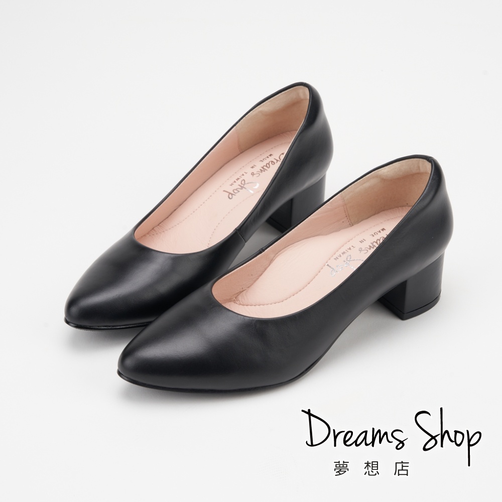 DREAMS SHOP 台灣製真皮減壓素面寬楦尖頭氣墊低跟鞋4.5cm 黑色【PW901】大尺碼女鞋37-45
