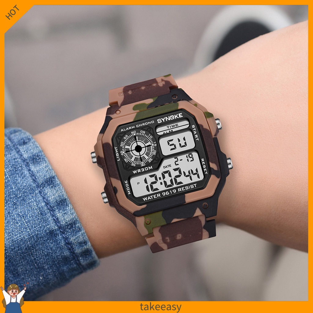 Takeeasy 手錶方形錶盤週曆顯示 30M 防水兒童迷彩運動手錶戶外
