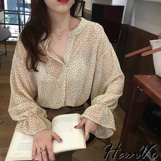 【HanVo】大地色系小碎花蓬袖上衣 韓系時髦百搭寬鬆顯瘦修身襯衫上衣 韓國女裝 女生衣著 1760