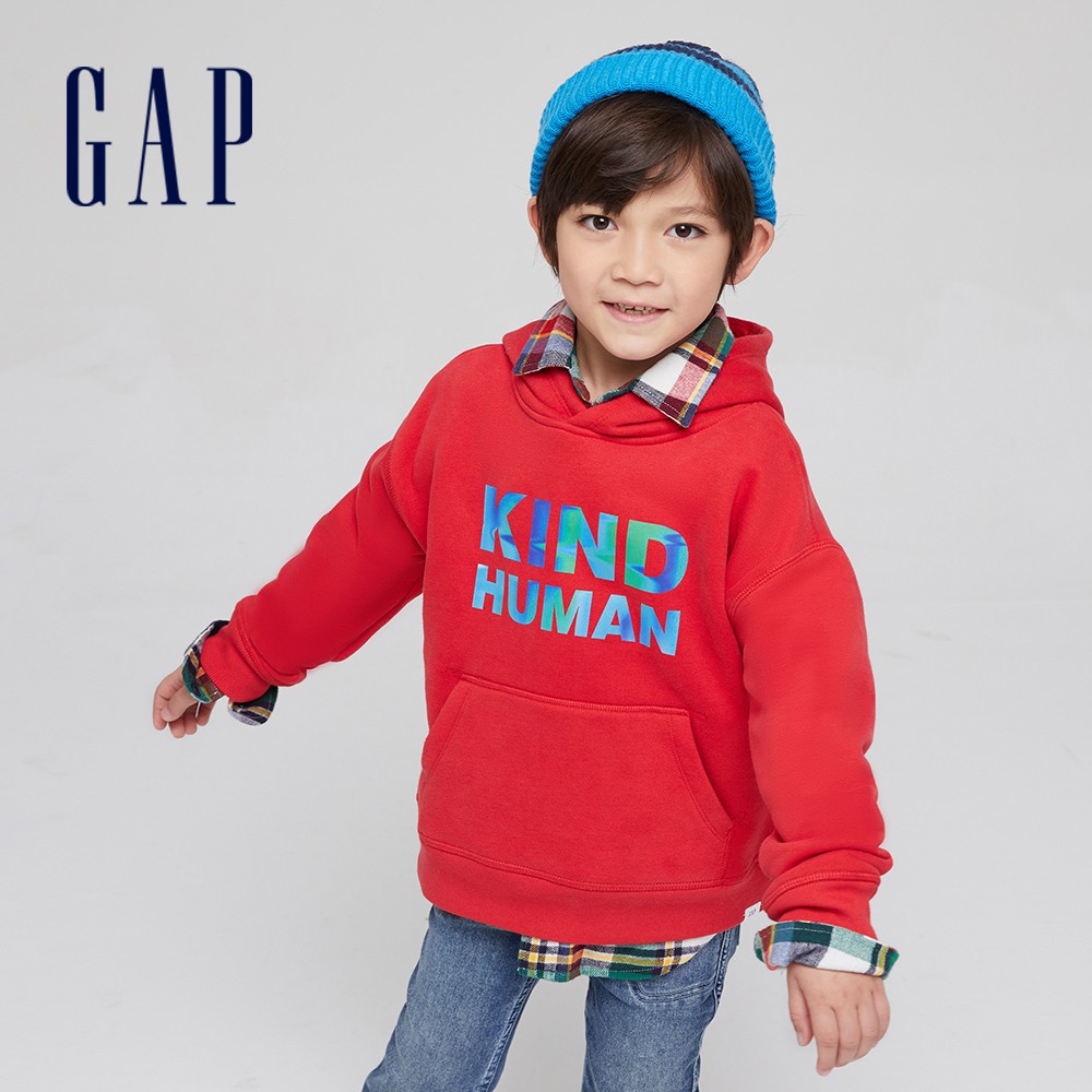 Gap 男童裝 創意字母印花刷毛帽T 碳素軟磨系列-紅色(656233)