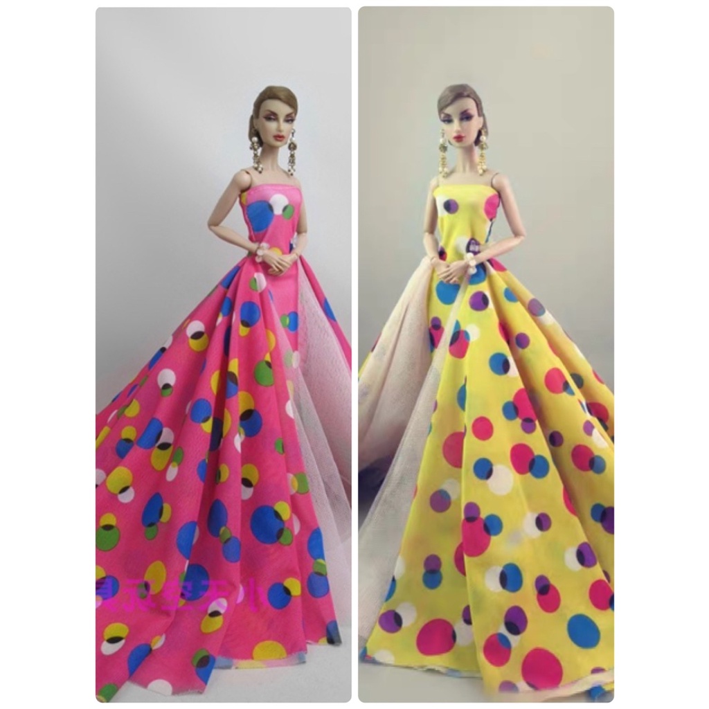 芭比 高檔 禮服 黃色 圓點 幾何 拖尾 禮服 裙子 設計 婚紗 FR 娃娃