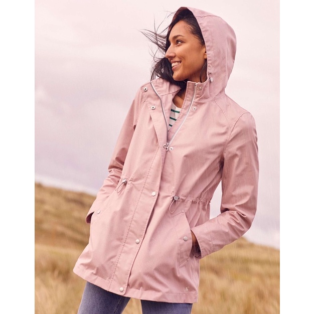 Miolla 英國品牌Joules 藕粉色條紋內裡防風防水腰間繫帶中長版 外套