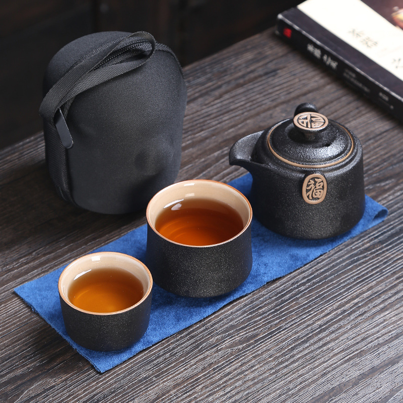 快客杯一壺二杯便攜旅行茶具套裝黑陶瓷功夫茶具禮品