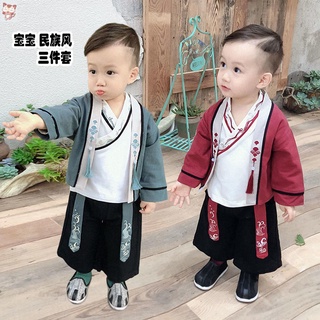 男童唐裝 小孩漢服寶寶唐裝幼兒漢服套裝男小童春秋季民族風三件套新款小孩衣服