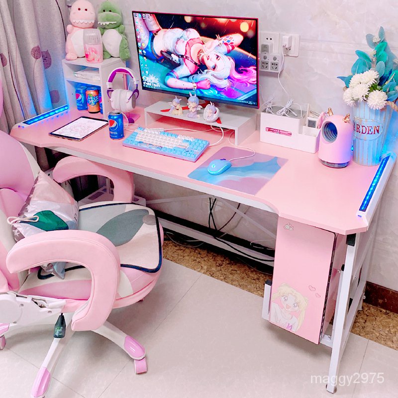 電競桌 電腦桌 遊戲桌椅 粉色電競電腦桌臺式傢用臥室少女遊戲直播桌椅套裝女生網紅書桌子8.30 J0LP