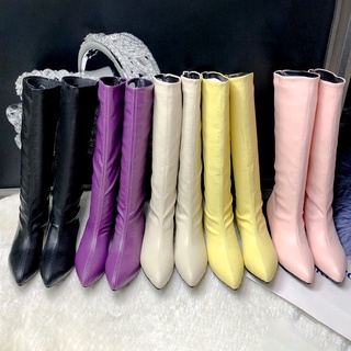 mingqiong1992 紫色女靴黃色靴子粉色高筒靴休閒素面尖頭平底高筒靴大碼44-48碼