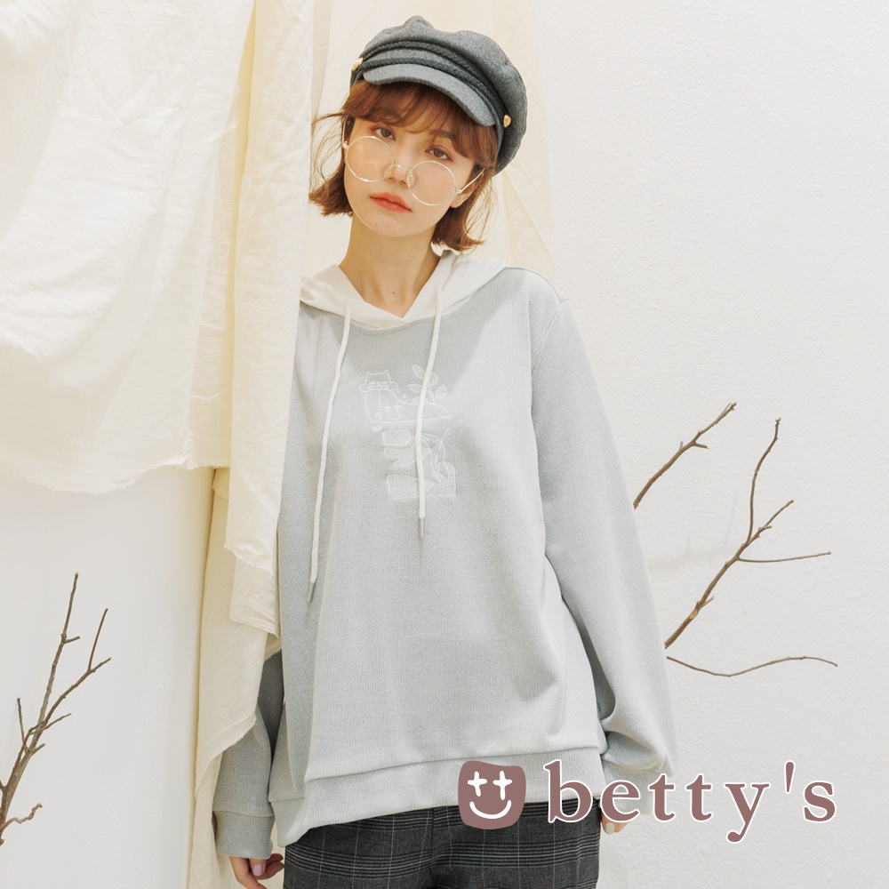 betty’s貝蒂思(15)繡花拚色連帽T-shirt(淺灰)