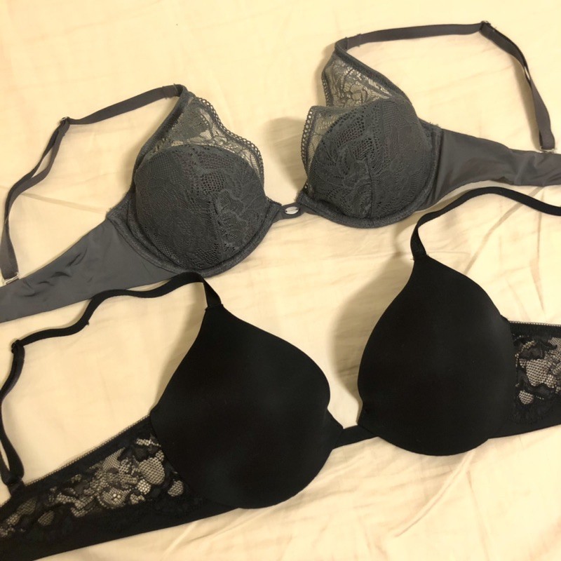 全新/二手正品 Calvin Klein CK黑色 深灰絲滑緞面蕾絲薄杯內衣 胸罩 32C