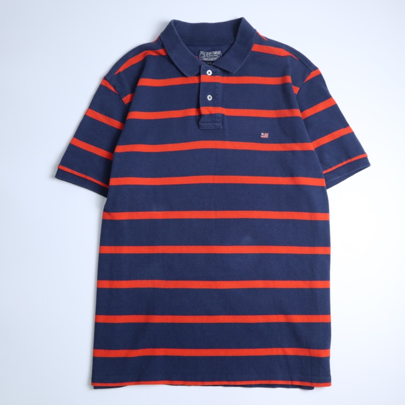 「富士鳥」古著 Polo Ralph Lauren 藍橘條紋 polo衫 橄欖球襯衫