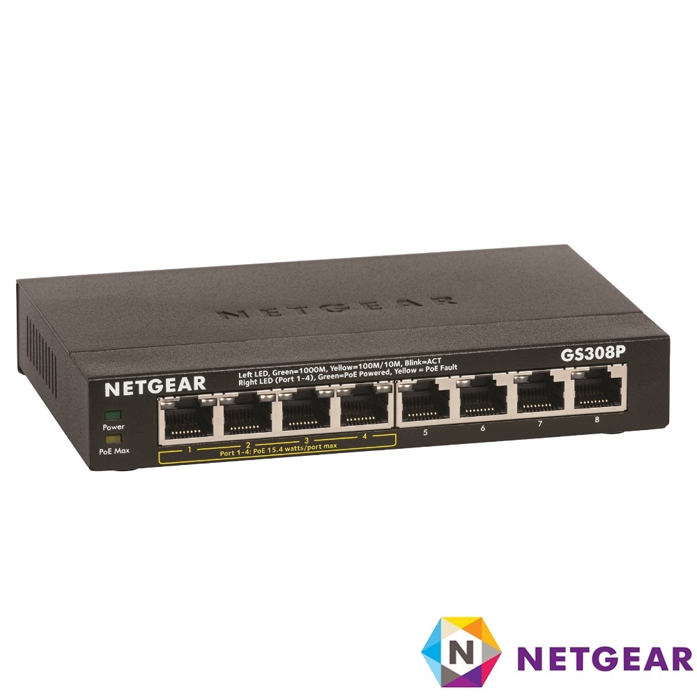 Netgear GS308P 8埠 - 4埠PoE 10/100/1000M GIGA高速 PoE供電 網路交換器