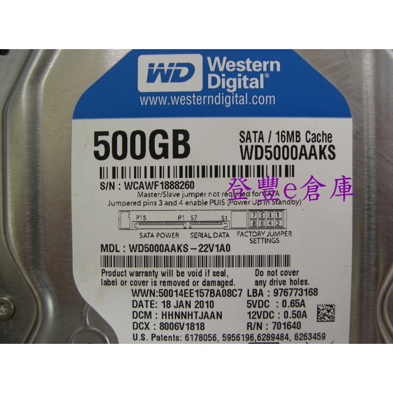 【登豐e倉庫】 YF46 WD5000AAKS-22V1A0 500G SATA2 硬碟
