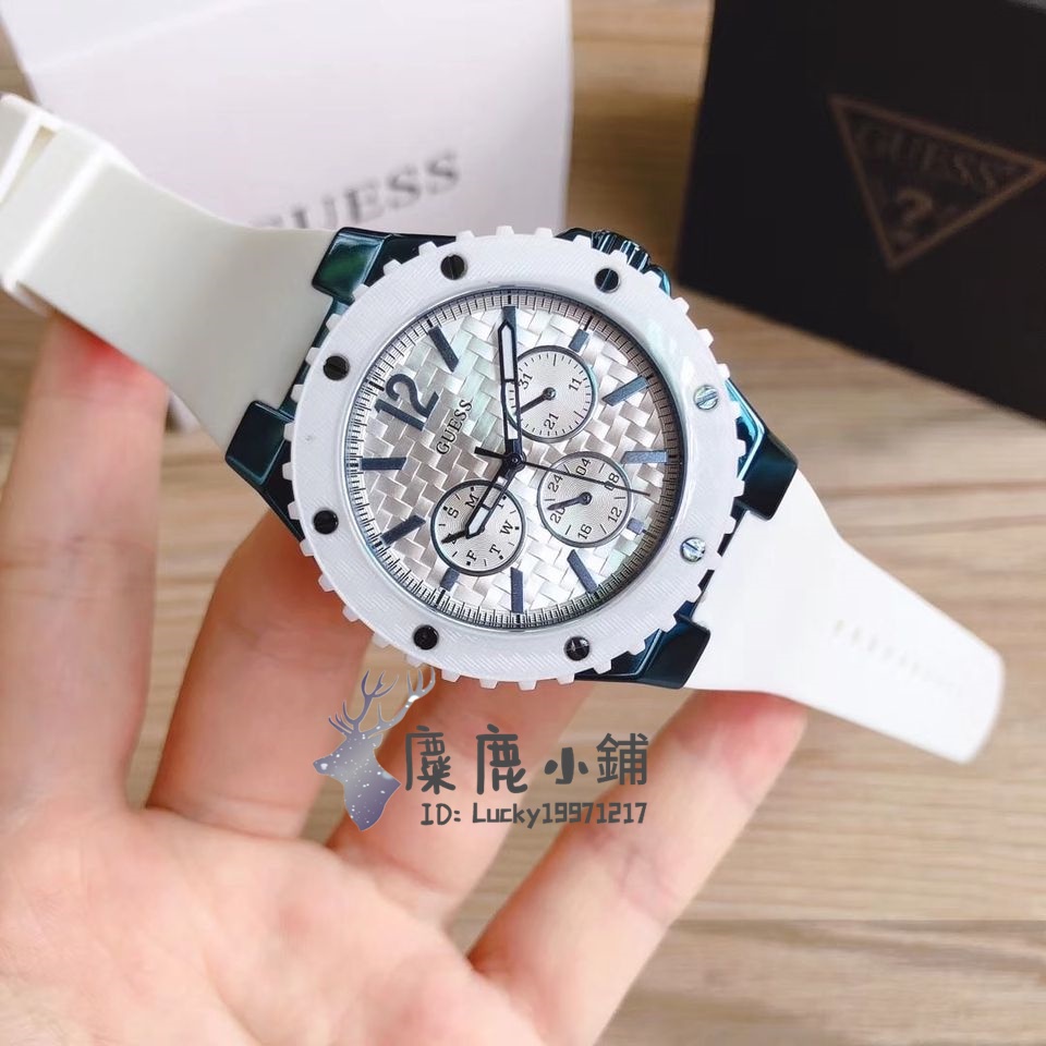 麋鹿小铺✨Guess手錶 女生歐美 三眼 W1049L6 手錶 時尚錶 白色橡膠錶帶