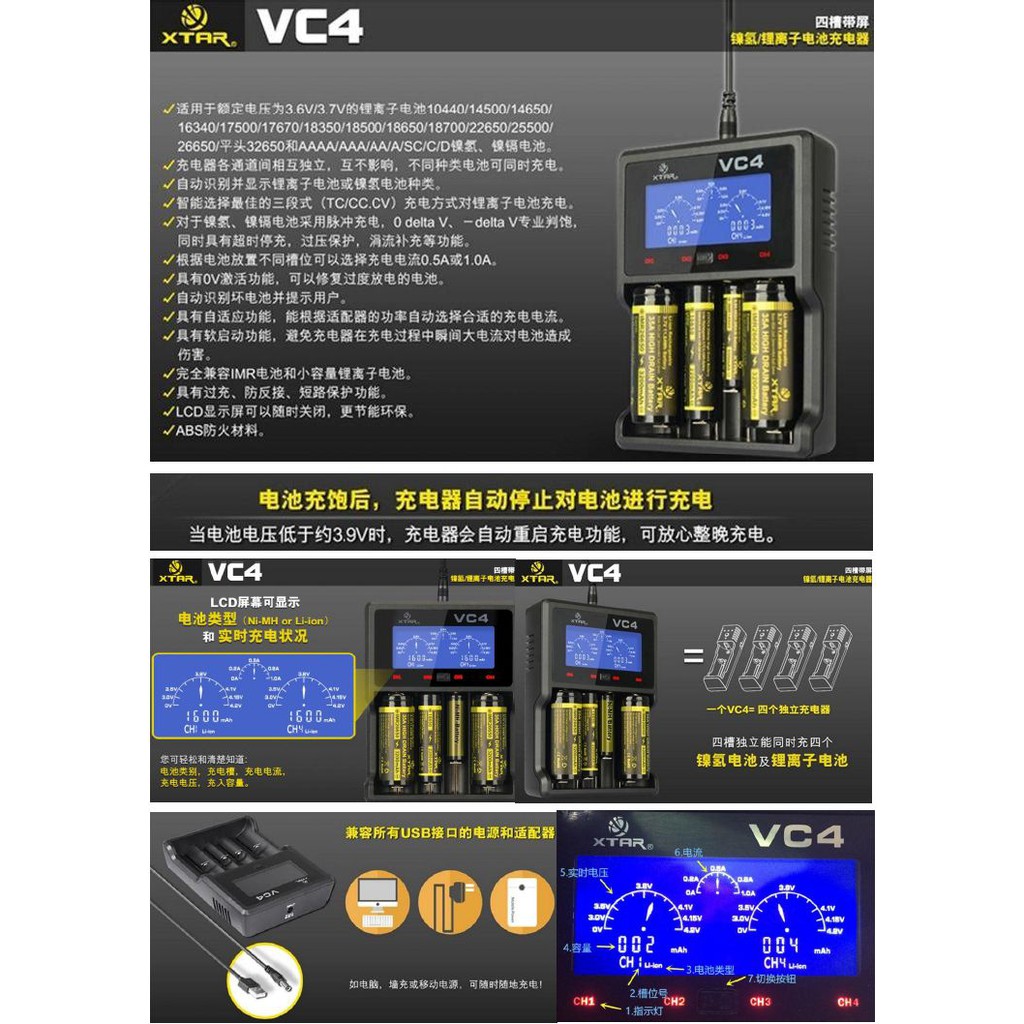 【成品購物】原廠 XTAR 愛克斯達 VC4 3.7V 1.2V 4通道 充電電量量測 電池充電器 USB充電器