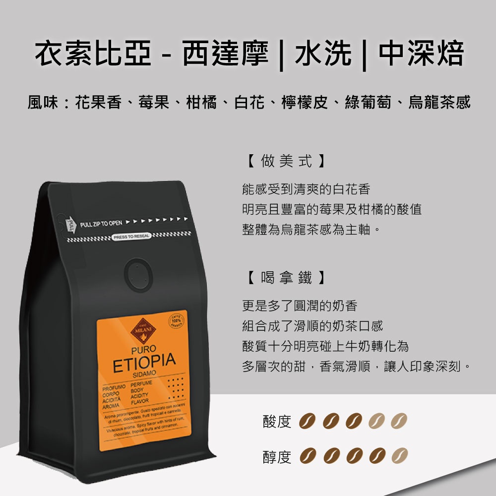 【CAFFÉ MILANI】義大利進口 衣索比亞 西達摩 精品咖啡豆 手沖豆 200g/袋