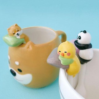 日本DECOLE動物杯緣仔陶瓷湯匙 熊貓 柴犬 小雞 枕頭系列