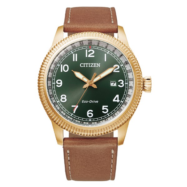 CITIZEN 星辰 BM7483-15X 光動能 復古風紳士手錶 父親節推薦款 / 玫瑰金x綠 42.5mm