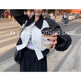 𝘟•𝘚•𝘟•𝘚||~ 美式復古街頭 黑白撞色短款標籤棒球外套