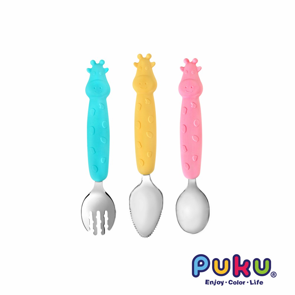 PUKU藍色企鵝 長頸鹿不鏽鋼叉勺3入組(附盒)-四色