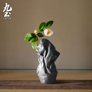 九土日式創意陶瓷花器擺件簡約黑白色花器室內客廳茶几玄關家居裝飾品飯店餐廳藝術造型擺件花瓶花盆花器插花乾燥花DER0076