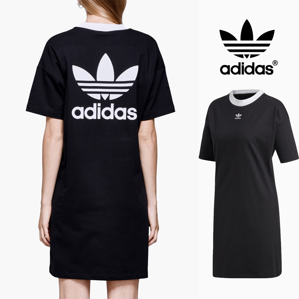 Adidas 黑 洋裝 女款 運動 休閒 純棉 短袖 連身裙 三葉草 Logo DH3184