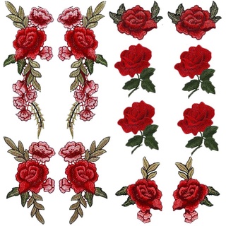 紅玫瑰花補丁縫在布上徽章刺繡花卉貼花裝飾補丁